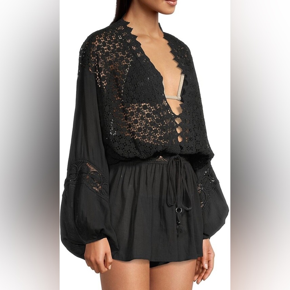 NWOT Ramy Brook Hilary Ballon-Sleeve Embroidered Romper in Black size S - Picture 2 of 11